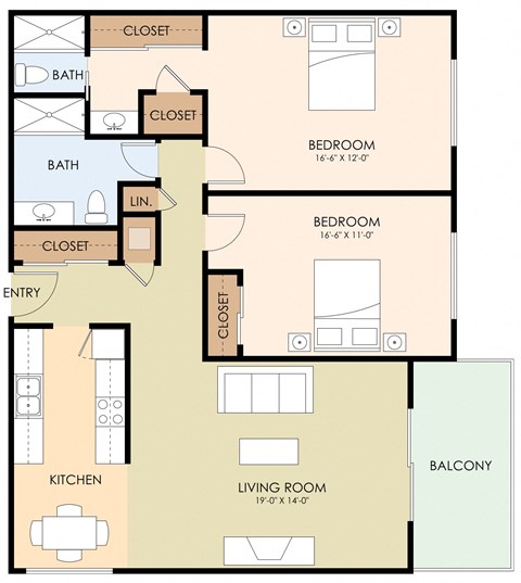 Floor plan for 2 beds, 2 baths, 1288 sqft